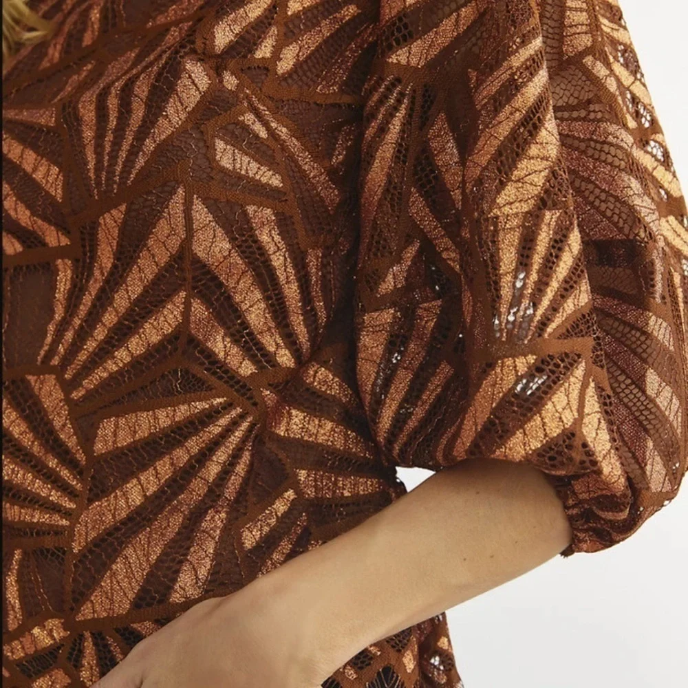 NEW Anthropologie Eva Franco Shine Animal Print Golden Lace Blouse - Size Large